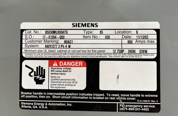 800 Amp. Siemens S5E90ML800ATS S5, Panelboard, 480/277 Volts 3PH 4W MLO Indoor Encl B890 Box - Image 2