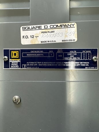 400 Amp. Square D NQOD442L400TFL, Panelboard, 208Y/120 Volts 3PH 4W Indoor Encl MLO 42 Cir P361 - Image 2