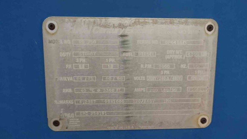60 KW Magnetek #RD750, Diesel Generator, Perkins, 1 & 3PH, 848 Hrs - Image 7
