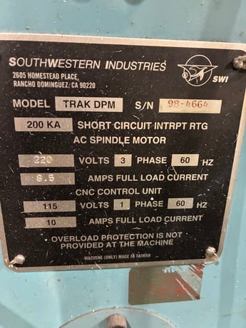 Southwestern Industries #Trak-DPM, bed mill with AGE 3 Control, serial #98-4664 - Image 6