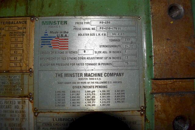 150 Ton, Minster #P2-150, high speed production press, 6" stroke, 23" Shut Height, 4" adjustment, 120 SPM - Image 3