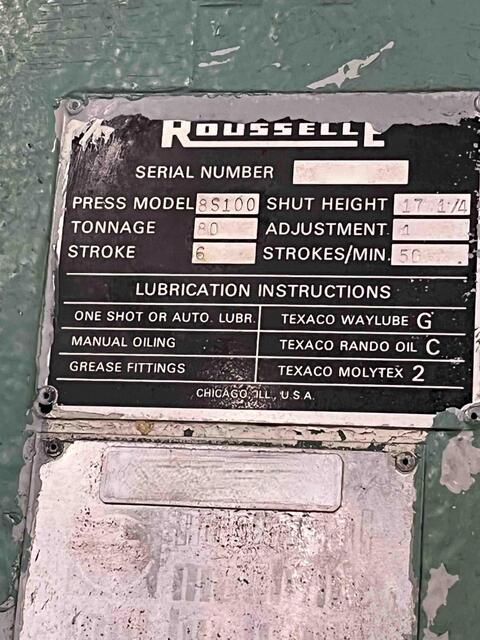 80 Ton, Rousselle #8SS100, straight side double crank, 6" stroke, 17.2" Shut Height, 4" adj., 50 SPM, 30" - Image 6