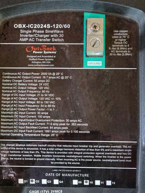 Outback #OBX-IC2024S-120/60, Sinewave Inverter & Charger, w/ 30A AC Transfer Switch - Image 3