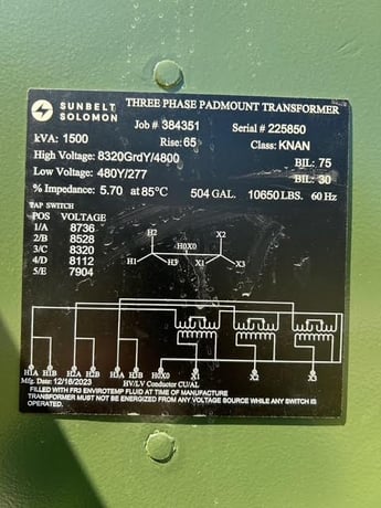 1500 KVA 8320Y/4800 Primary, 480Y/277 Secondary, Sunbelt Solomon, 3 phase padmount transformer - Image 6