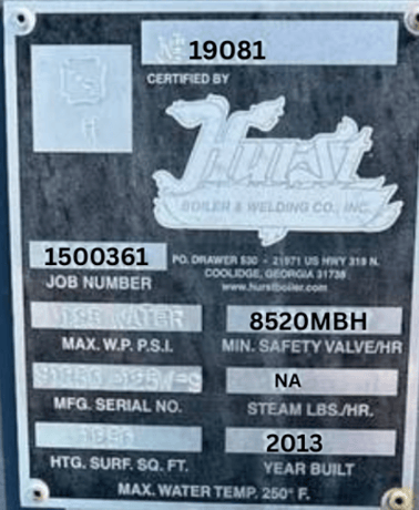 250 HP Hurst #500-Series, Scotch Marine firetube Boiler, wet-back design, 125 PSI, 2013 - Image 3