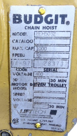 1/2 Ton, Budgit #BEH5032, electric chain hoist, 1/2 HP, 32 FPM, chain bucket, pendant Control - Image 3