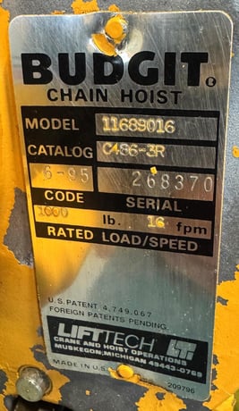 .5 Ton, Budgit Electric Chain Hoist #11689016, 1/2 HP, 16 FPM, 1 Phase - Image 8