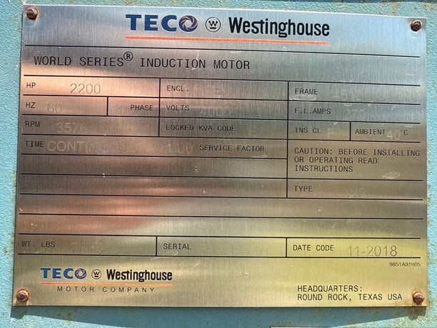 2200 HP 3576 RPM Teco Westinghouse, Frame 4510, weather protected enclosure type 1 or weather protected - Image 1