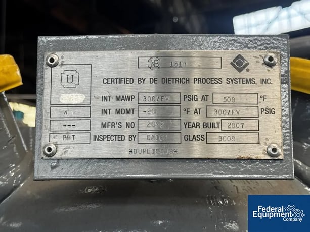 10 gallon DeDietrich #CTJ-10, Glass Lined Reactor, 300 psi @ 500&deg;F, jacket 115 psi, 2007 - Image 3