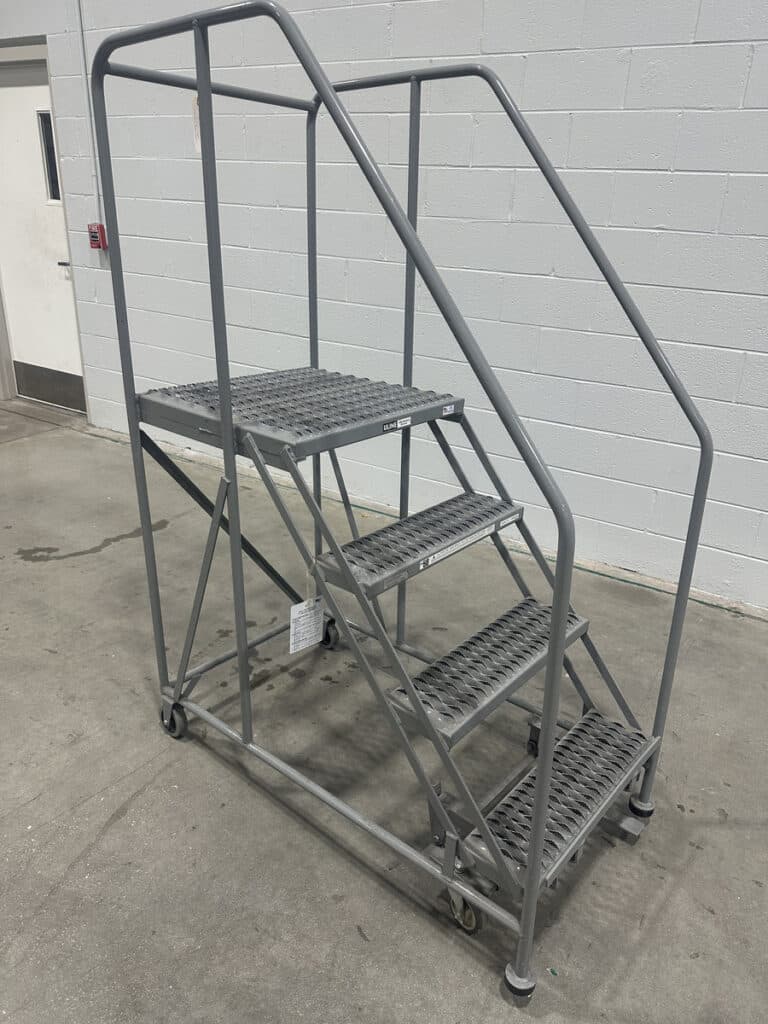 4 Step U-Line, rolling steel staircase ladder, 800 lb. capacity, 50° ladder incline, with work platform - Image 2