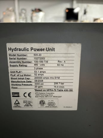 40 HP MTS #505.20, hydraulic power supply, 20 gpm, 3000 psi, water cooled heat exchanger, 2008 - Image 4