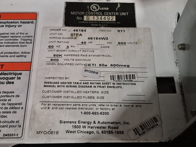 Siemens, 07FA, motor control center bucket, 40 HP, 600 Volts, 3 phase, like new - Image 2