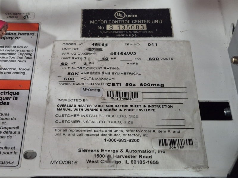 Siemens, 07EE, motor control center bucket, 40 HP, 600 Volts, 3 phase, like new - Image 2