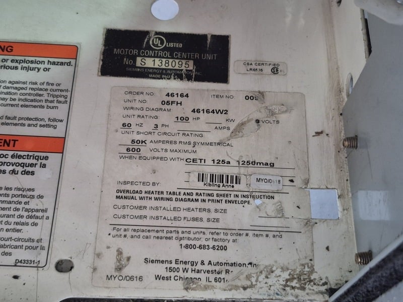 Siemens, 05FH, starter motor control center bucket, 100 HP, 600 Volts, 3 phase, like new - Image 2