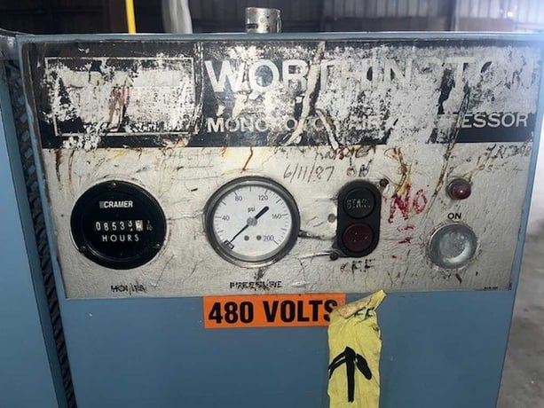 25 HP Worthington, tank mounted air compressor, 180 psi, 1765 RPM, 230/460 V., 120 gallon tank, 1978 - Image 6