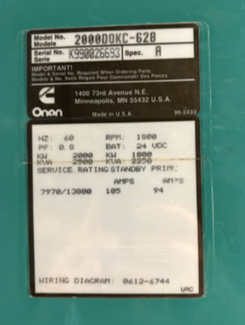 2000 KW Cummins #2000DQKC-628, diesel generator, 2500 KVA, 13800 Volts, 581 hours - Image 4
