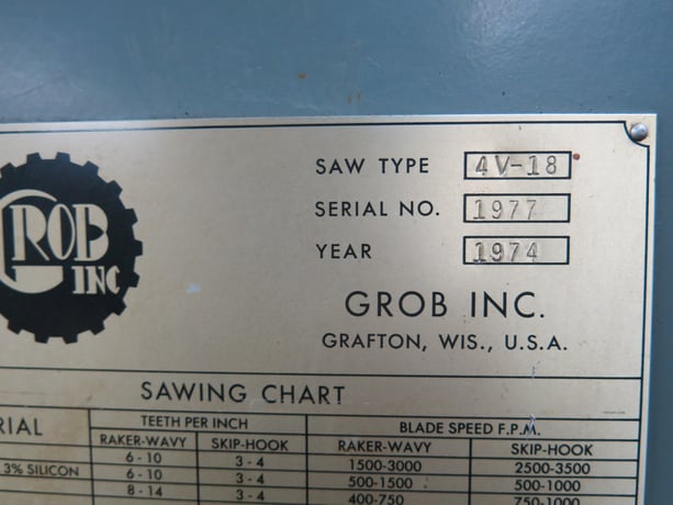 18" x 12" Grob #4V-18, vertical band saw, 28" x 24" x 2-1/2" table, 18" throat, 1/8"-1" blade, 150" L, 3 HP - Image 3