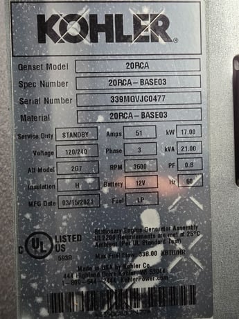 20 KW Kohler #20RCA, Natural gas propane generator, enclosed, 240 Volts, 3 phase, 2021 - Image 3