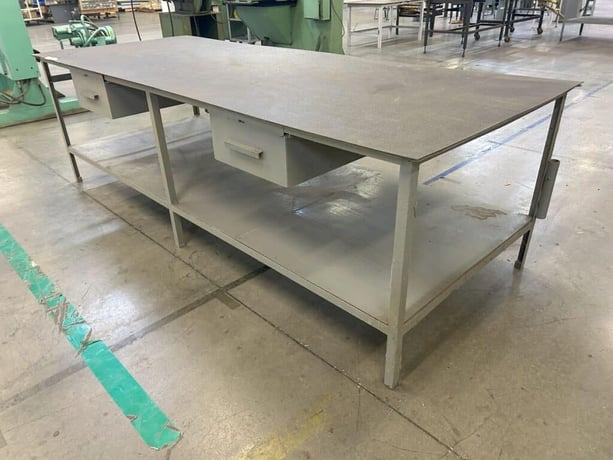 Heavy duty metal steel frame table with drawer, 10' L x 4' W x 3' H table, plastic table top cover - Image 2