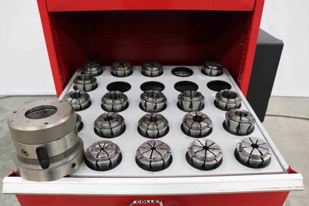 CNC hydraulic collet chucks with 41 assorted Crawford D style multibore spring collets - Image 9