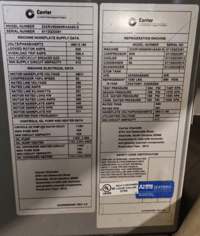 500 Ton, Carrier #23XRV5556NRVAA50-S, Water-Cooled Chiller, R-134a, R05 compressor, 2012 (3 available) - Image 7