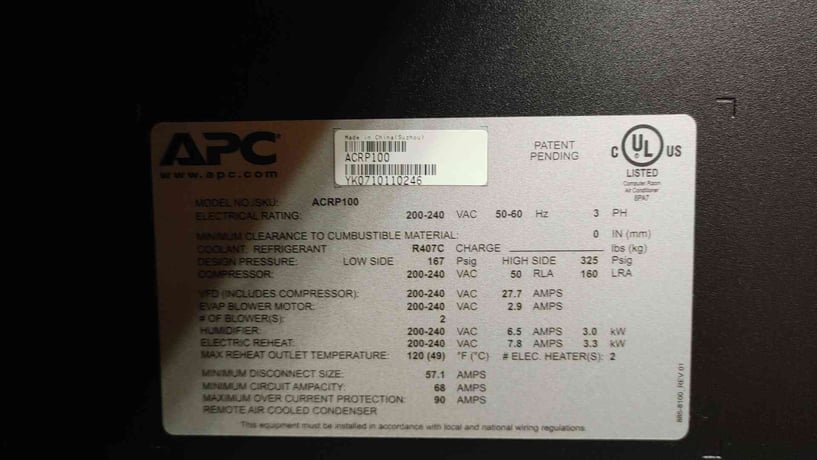 APC #ACRP100, InRow CRAC Unit, R407C, (2) Blowers & Heaters, 325/167 psig, 3 Phase, 200-240 VAC - Image 4