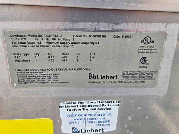 Liebert #DCDF165LA, 2-Fan Condenser, 320/165 psig, 3 Phase, 0.75 HP, 460 V, 2003 - Image 10