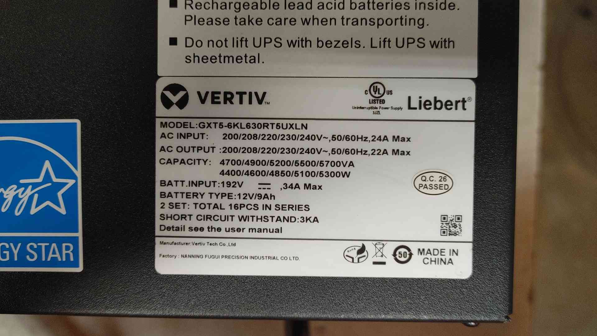 6.0 KVA Vertiv Liebert #GXT5-6KL630RT5UXLN, Rackmount uninterruptible power supplies System, 50/60 Hz - Image 3