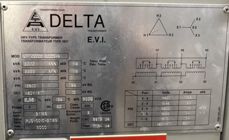 2000 KVA 13800 Primary, 480Y/277 Secondary, Delta CPTC2000 transformer, dry type, 2000 - Image 1