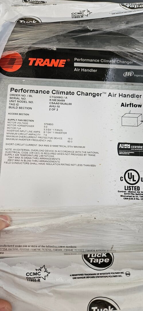 Trane #CSAA010UAL00, Preformance climate changer air handler, 5 HP, 575 V., new surplus, 2021 - Image 2