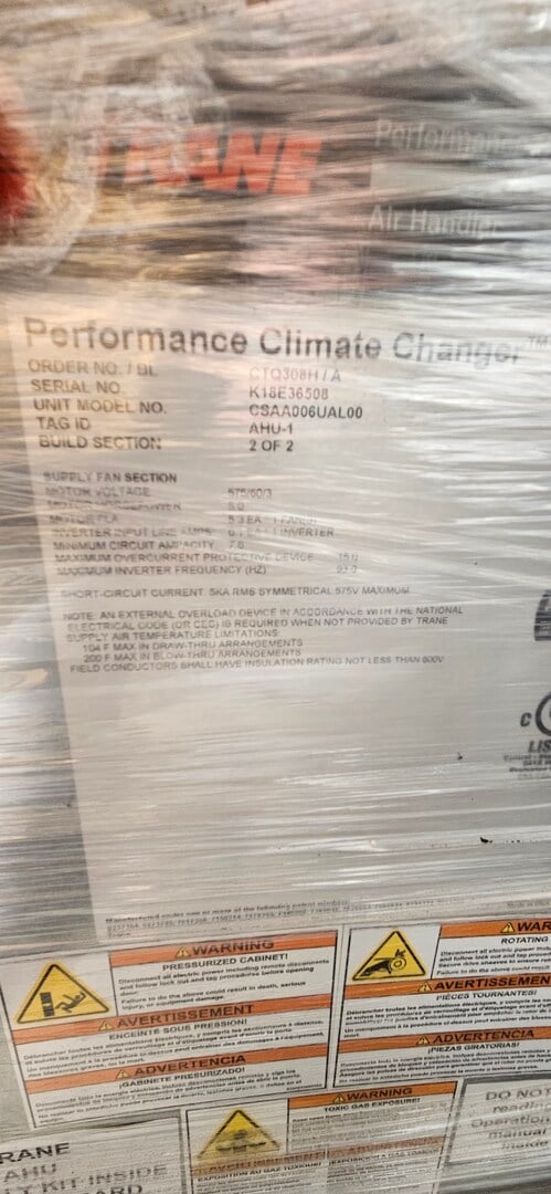 Trane #CSAA010UAL00, Preformance climate changer air handler, 5 HP, 575 V., new surplus, 2021 - Image 3