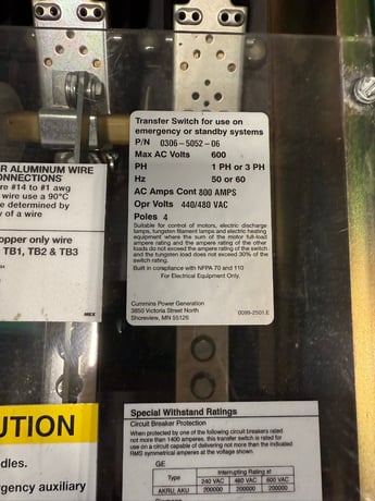 800 Amp. Cummins Automatic Transfer Switch OTECD-1710392 480 Volts, 60 Hz, 4-Pole NEMA 3R PLEASE READ - Image 7