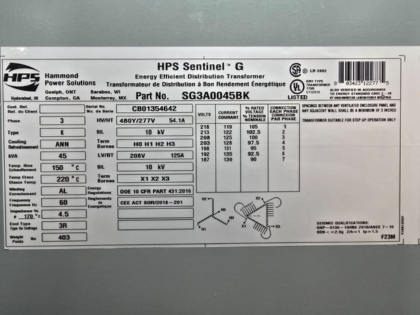 45 KVA 208 Delta Primary, 480Y/277 Secondary, Hammond SG3A0045BK, Nema 3R, step-up, Dry Type, new - Image 2