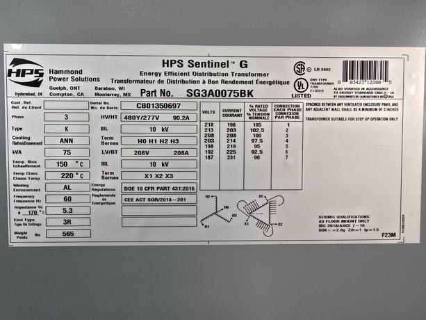 75 KVA 208 Delta Primary, 480Y/277 Secondary, Hammond SG3A0075BK, Nema 3R, step up, Dry Type, new - Image 3
