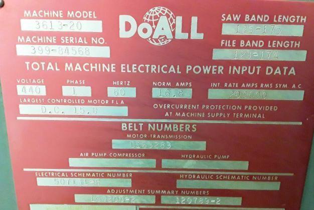 DoAll #3613-20, vertical band saw, 36" throat, cnc, 480 V., tilt table, 26" x33" table, blade welder, 1981 - Image 8