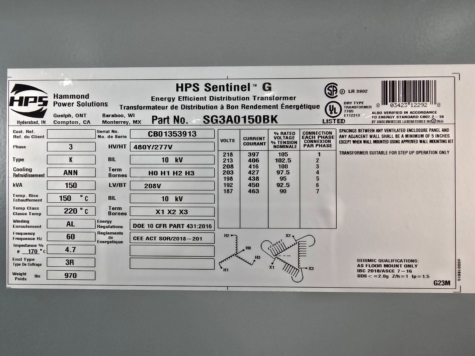150 KVA 208 Delta Primary, 480Y/277 Secondary, Hammond SG3A0150BK, step up Dry Transformer, Nema 3R, new - Image 4