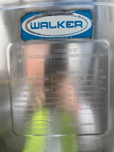 300 gallon Walker Stainless Equipment Co. Liqui Mixer liquidifier tank, 316L Stainless Steel, 75 psi, dished - Image 4