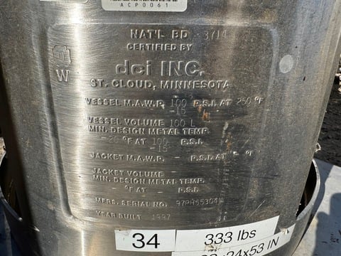 26 gallon DCI, 100 liter Stainless steel tank, portable, 100 psi, 20" dia. x 24" straight side, dish top & - Image 6