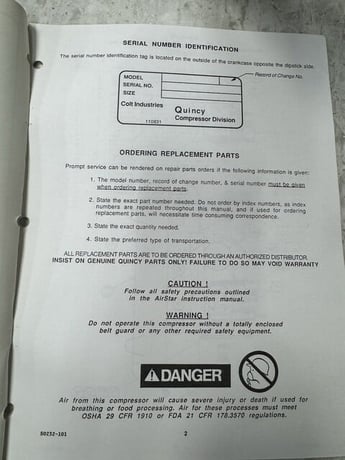 Original Quincy Airstar Series ATH/ATV/ATG Compressor Parts Manual 50232-101 - Image 3