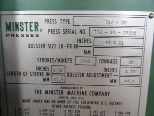30 Ton, Minster #TR-2-30, 1" stroke, 1.75"bolster adjustment, 1400 SPM, serial #TR2-30-25335 - Image 5