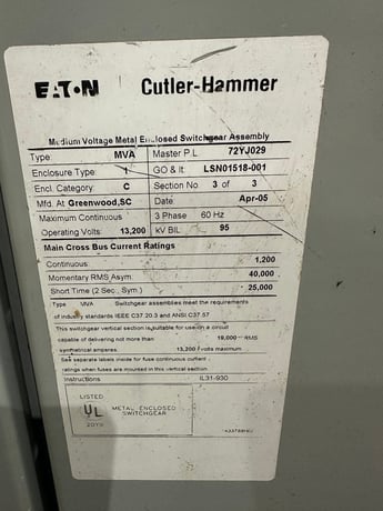 Eaton #MVA, Metal Clad Switchgear, Enclosure Category C, 13200 Volts - Image 2