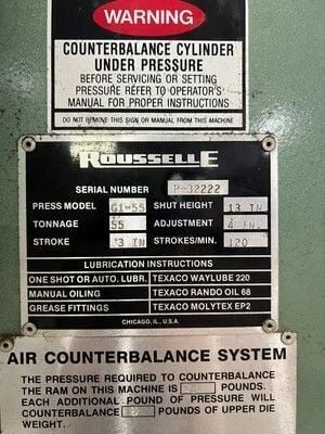 55 Ton, Rousselle #G1-55, gap frame press, 3" stroke, 13" Shut Height, air clutch - Image 7