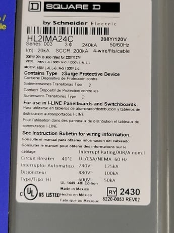 Square D #HL2IMA24C, surge protector device, 240 KA, 208Y/120 Volts, 220Y/127 Volts, HLA36060RP, unused - Image 6