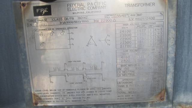 5000/5600/7000 kVA, 22900 Delta Primary, 4160/2400 WYE Secondary, Federal Pacific Substation - Image 2