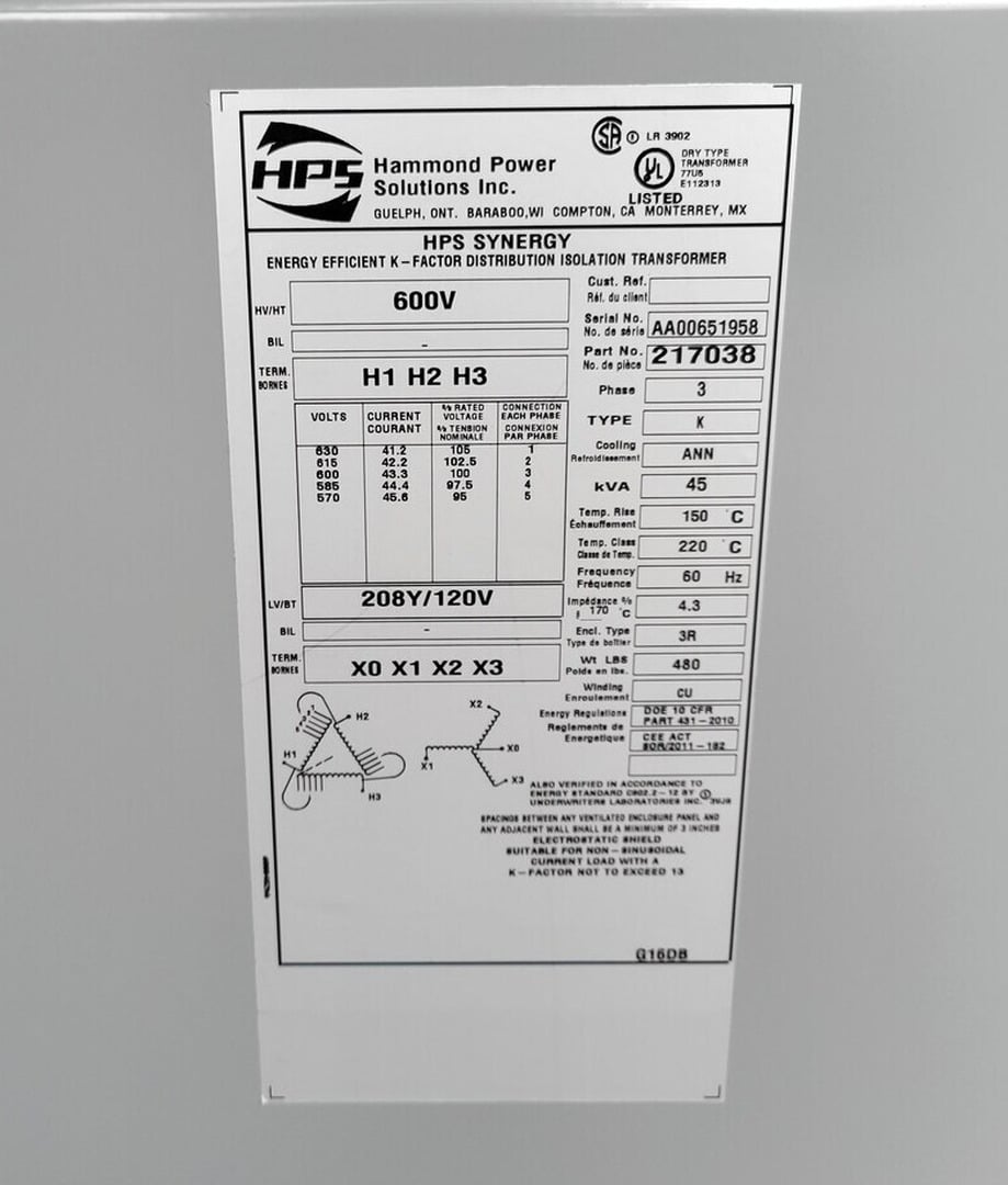 45 KVA 600 Primary, 208Y/120 Secondary, Hammond 217038 transformer, dry type, Nema 3R, new surplus - Image 2