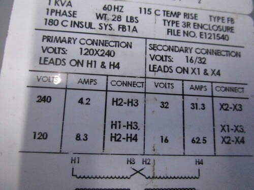 1 KVA 120/240 Primary, 16/32 Secondary, Federal Pacific transformer SB16N1F, 1 yr warranty - Image 3