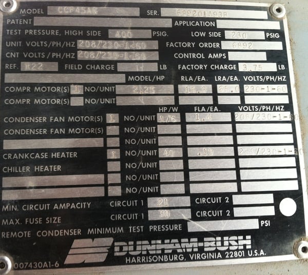 1 Ton, Dunham-Bush #CCP45A6, Air-Cooled Chiller, 208/230 V, 400 psig High, 230 psig Low, 2.25 HP Compressor - Image 3