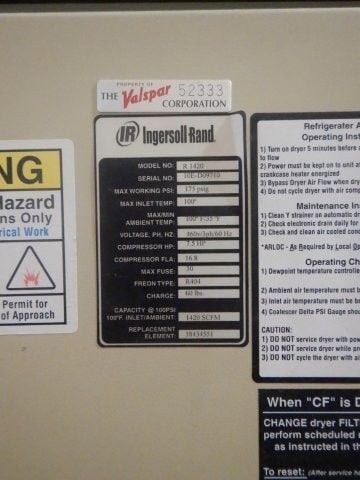 1420 scfm, 100&deg;F, 100 psi, Ingersoll-Rand #R1420, Refrigerator Air Dryer, R404, 175 psig max, 7.5 HP, 460 V - Image 9