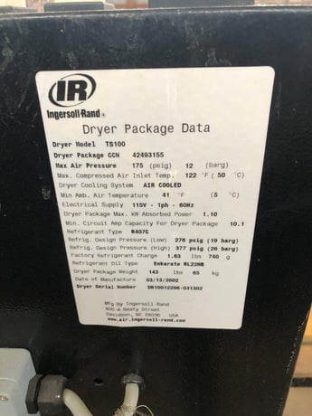 122&deg;F, 175 psig, Ingersoll-Rand #TS100, Air Cooled Air Dryer, R407C, 1.1 kW, 115 V, 2002 - Image 4