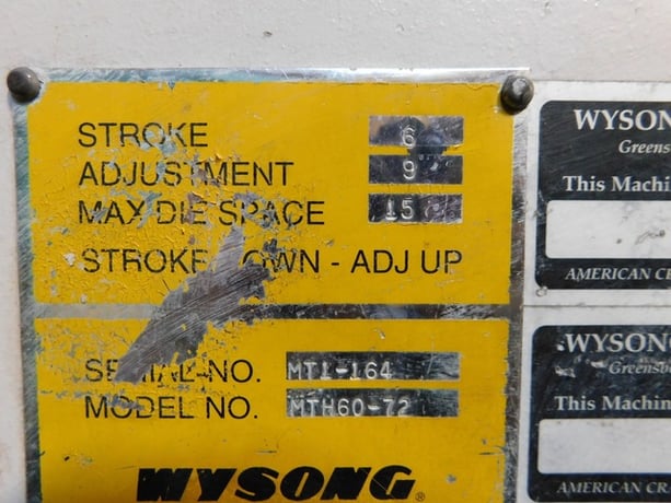 60 Ton, Wysong #MTH60-72, hydraulic press brake, 6' overall, 62" between housing, 6" stroke, 6" throat, 7.5 HP - Image 3